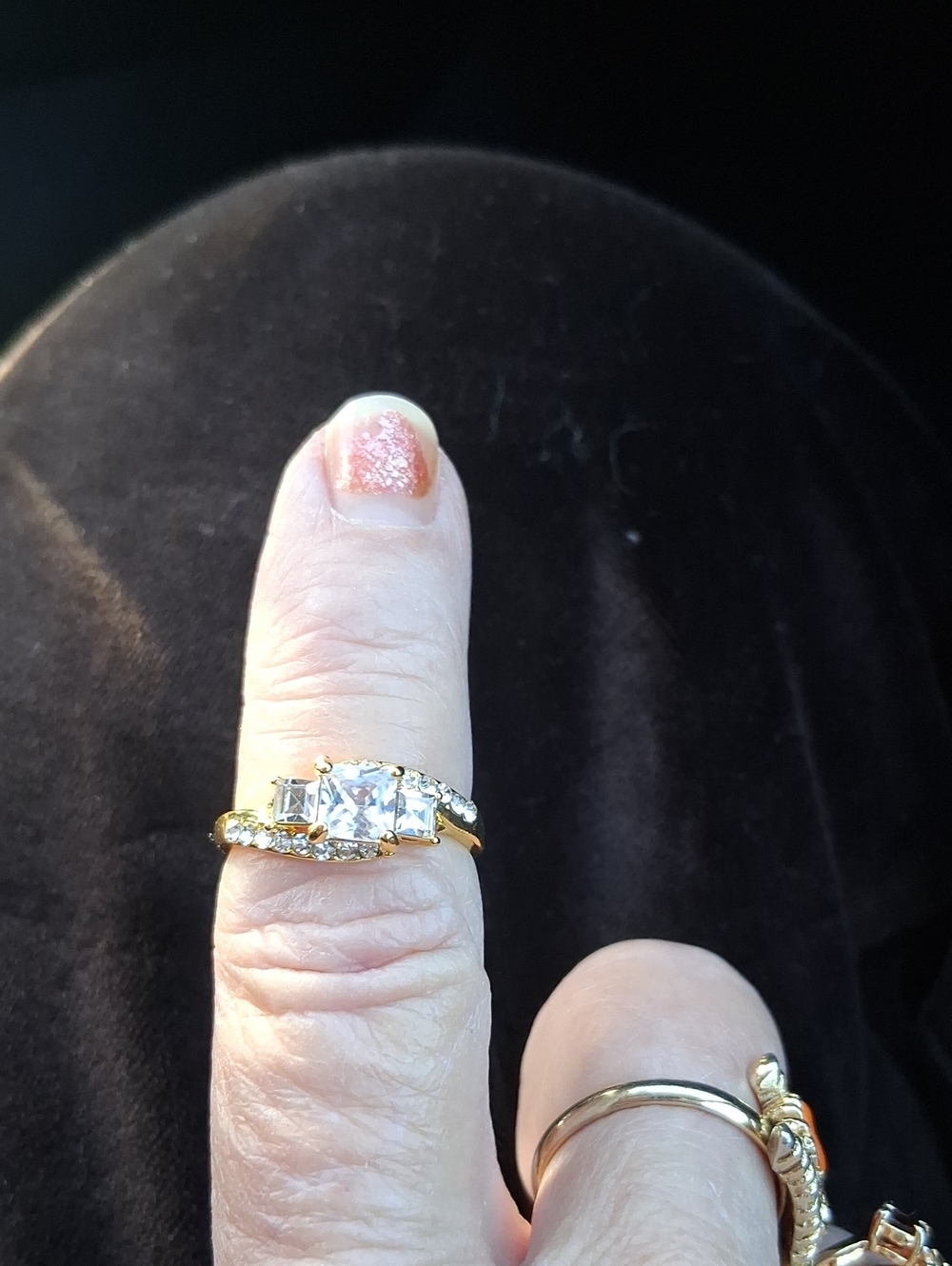 Gold Cubic Zirconia Three-Stone Engagement Ring - Women Jewelry